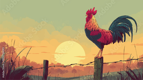 Rooster standing on fence post at sunset