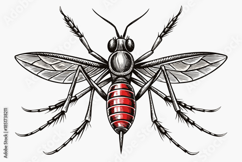 High-quality vector illustration of a mosquito in detailed line art style. This black and white insect outline is perfect for educational materials, biology textbooks, scientific posters, and healthca