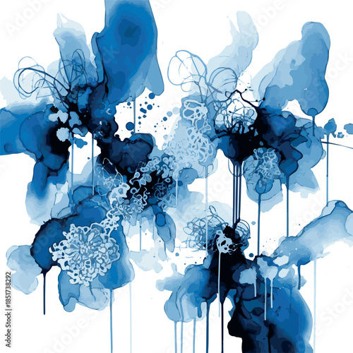 Create Kinds of Abstract Blue Ink Painting with white background.