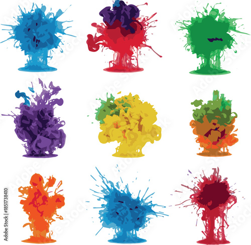Create Kinds of Colorful Ink Splatter with white background.