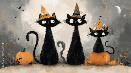Three black cats wearing hats sitting on pumpkins at Halloween
