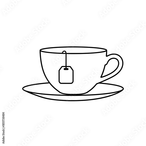 Minimalist teacup and saucer line icon with tea bag