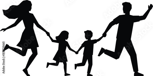 Silhouette of a joyful family—two adults and two children—running hand in hand, expressing unity, happiness, and playful motion.