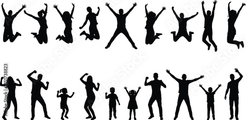 Silhouettes of people in joyful poses and mid-air jumps, expressing energy, emotion, and dynamic human movement through body language.