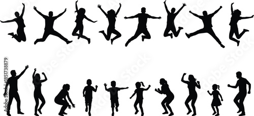 Silhouettes of adults and children in active poses—jumping, running, and dancing—capturing expressive motion, vitality, and human energy.