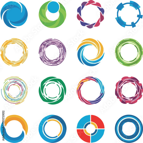 Create kinds of Different Set of colorful circle isolated on White background. Circular colored lines. Corporate, media, technology styles vector logo design template. Vector illustration.