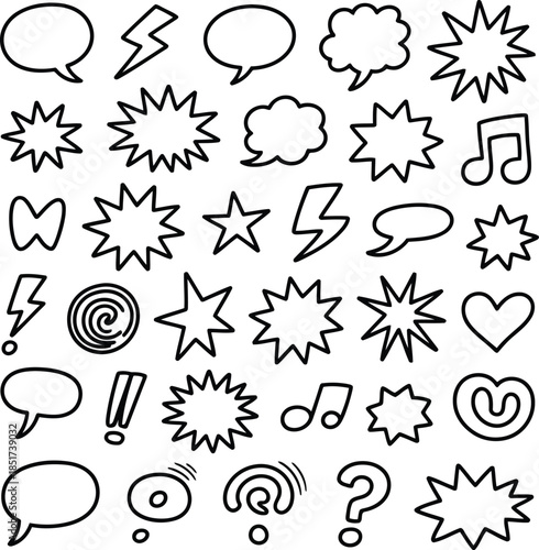 Hand drawn collection of comic book style speech bubbles and explosive action elements