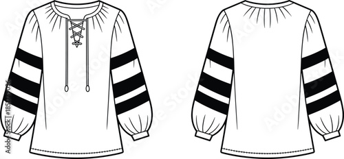 Technical fashion illustration of women’s blouse front and back views, featuring lace-up neckline, striped sleeves, and gathered cuffs.
