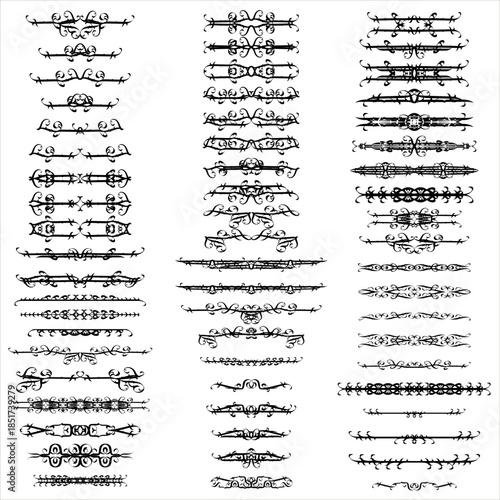 Set of decorative vector  ornamental dividers and borders with symmetrical vintage design. Elegant black typography elements suitable for invitations, certificates, book layout, branding. SVG