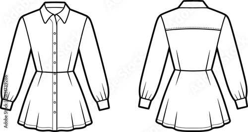 Technical flat sketch of long-sleeved shirt dress with collar, button-down front, pleated skirt, yoke, and cuff details – front and back views
