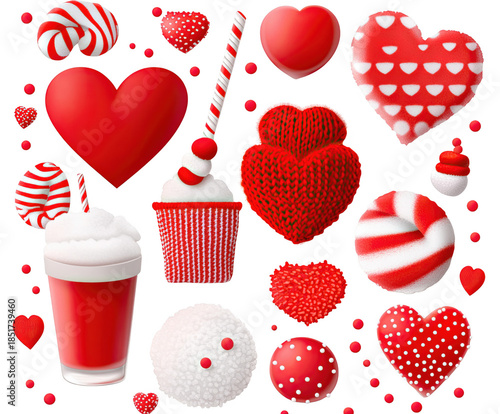 A Delightful Collection of Red and White Heart-Shaped Treats and Sweets Perfect for Celebrating Love and Affection in a Vibrant, Playful Composition, png, isolated on transparent background