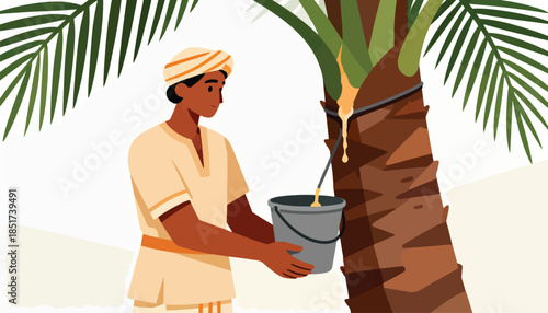 Person wearing turban collects sap from palm tree into bucket