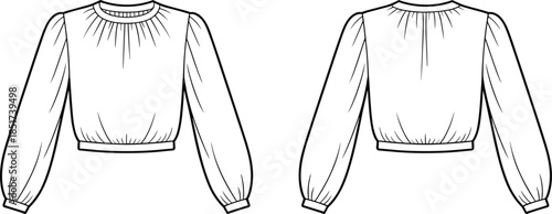 Technical sketch of cropped blouse with gathered neckline, voluminous sleeves, fitted cuffs and hem – front and back fashion views