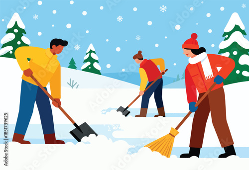 Three people in winter clothing clear snow with shovels and a broom