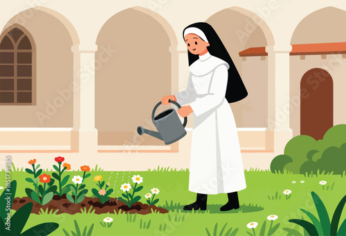 Nun watering flowers in a garden with arched architecture