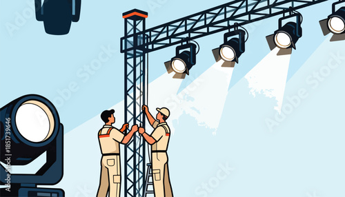 Two technicians adjust stage lighting on a truss system