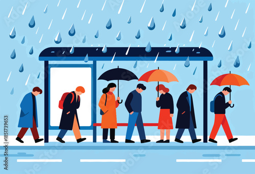 Figures in colorful coats and umbrellas wait at a bus stop during a downpour