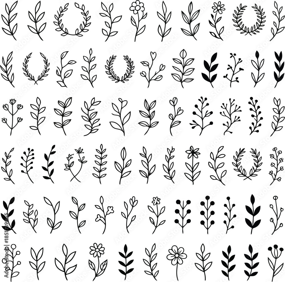 Obraz premium Many diverse hand drawn botanical elements such as branches, leaves, and small flowers are displayed together