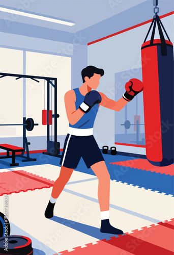 Male boxer training with a punching bag in a gym