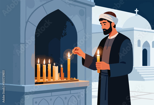 Man lights candles before a domed building with a cross