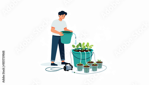 Man waters plants using a hydroponic system with buckets and pump