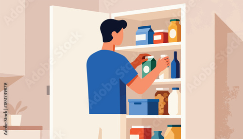 Person placing items on shelves in an open cupboard filled with food containers