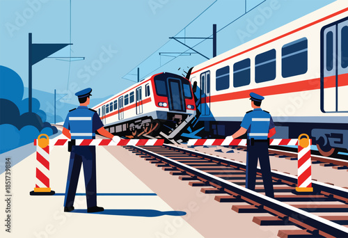Two officers block a damaged train crash site with barriers
