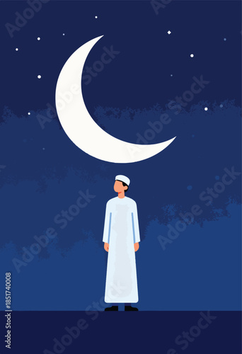 Man in traditional attire gazes up at a crescent moon and starry night sky