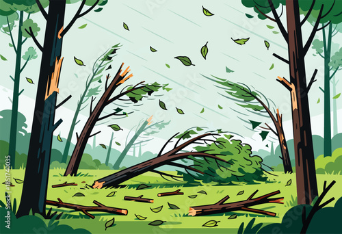 Storm-ravaged forest with broken trees and scattered leaves