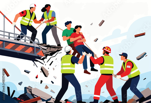 Rescuers aid victims amidst debris from collapsed structures