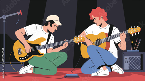 Two musicians playing guitars and bass on a stage with an amp