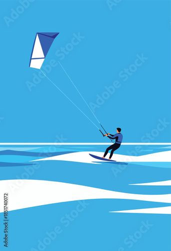 A figure kiteboards across stylized blue water, propelled by a triangular white and blue kite