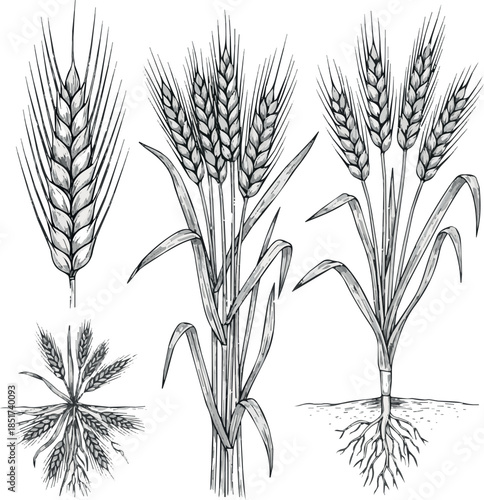Create Kinds of Monochrome sketch of wheat stalks with white background.