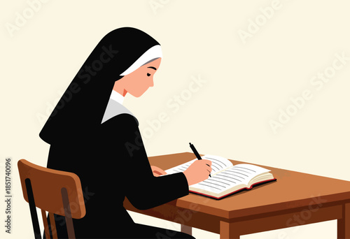 Nun diligently writing in a book at a wooden desk