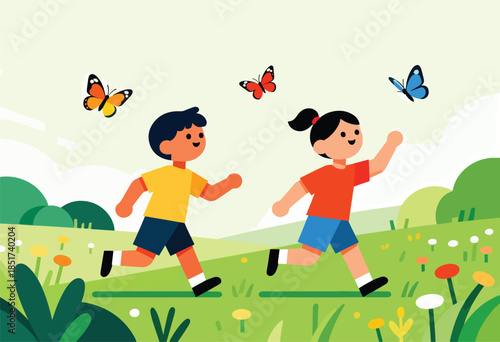 Animated children run through a colorful field with butterflies