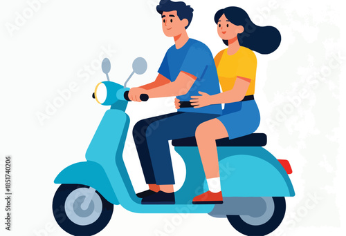 Couple rides blue scooter, man drives, woman hugs from behind