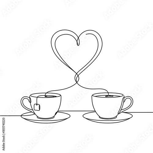 Minimalist Line Art of Two Tea Cups with Steam Forming a Heart Shape Symbolizing Love and Warmth