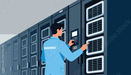 Technician at work in a server room, interacting with controls