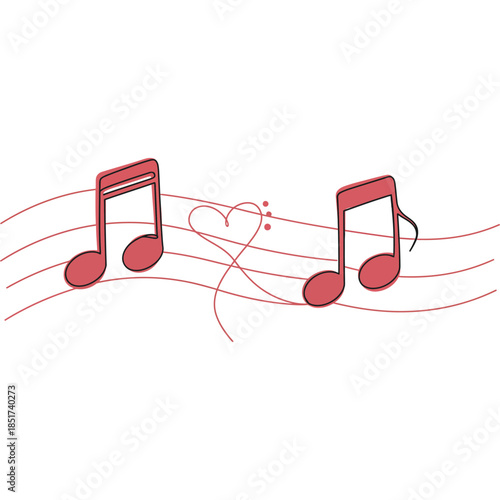 Musical Notes with Heart on Staff - Illustration of Harmony and Love in Music, Perfect for Romantic and Melodic Themes