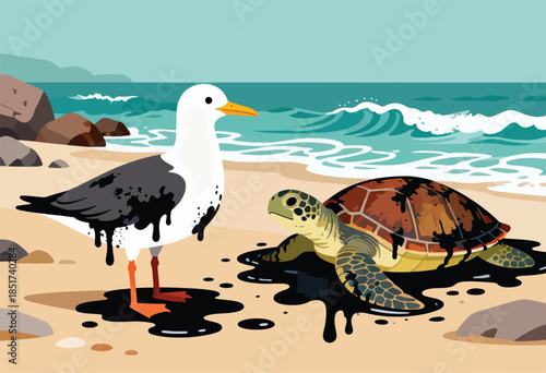 Oil slick pollutes a beach, coating a seagull and sea turtle