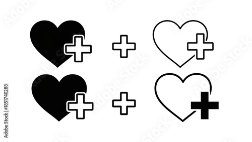 A set of four black and white icons featuring a heart shape combined with a plus sign. The first and third icons display a solid black heart with a white plus sign, while the second and fourth icons 