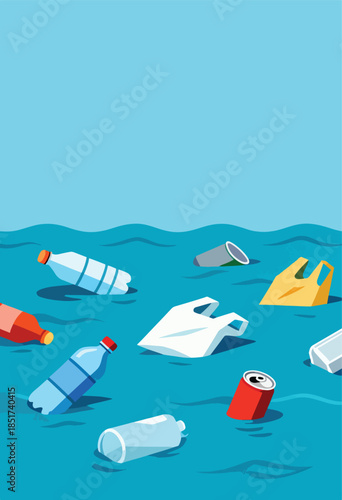 Various plastic waste items float on the blue ocean waves