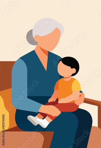 Gentle embrace of a child by an elder, on a comforting couch