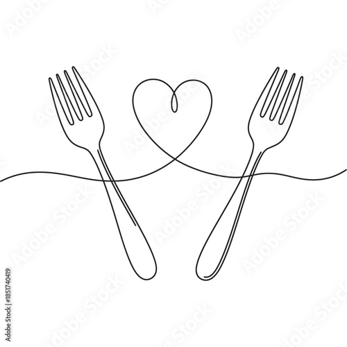 Heart Shaped Forks Love Symbol - Minimalist Line Art Illustration for Valentine s Day, Romantic Themes, and Culinary Art