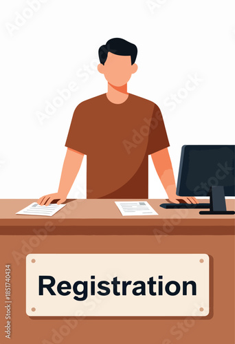 Person at a desk with papers, computer, and a "Registration" sign