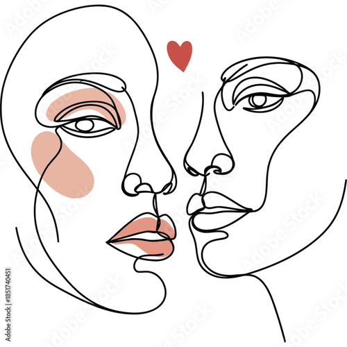 Minimalist Continuous Line Art Illustration of a Romantic Couple with Heart, Elegant Simple Lines, Subtle Shading