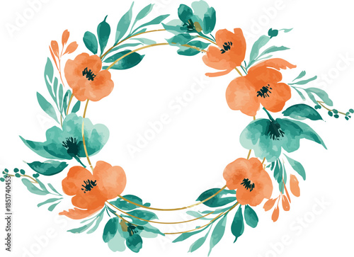 Watercolor orange flower wreath on white background