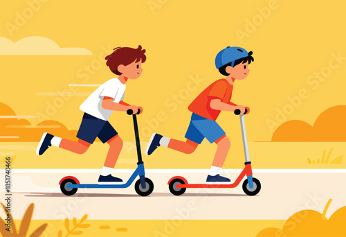 Two cartoon boys riding scooters on a path with a yellow sky background