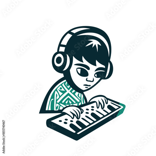 Young Music Producer with Headphones and Keyboard Vector