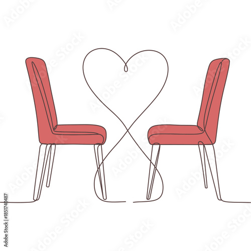 Minimalist Illustration of Two Red Chairs Facing Each Other with Heart Shape Symbolizing Love and Togetherness